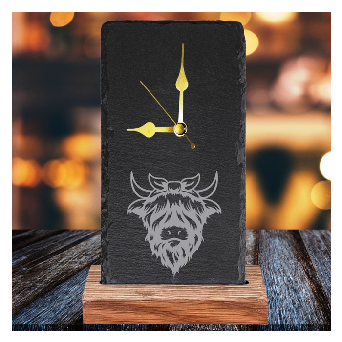 HIGHLAND COO OAK AND SLATE ENGRAVED CLOCK by Galloway Crafts