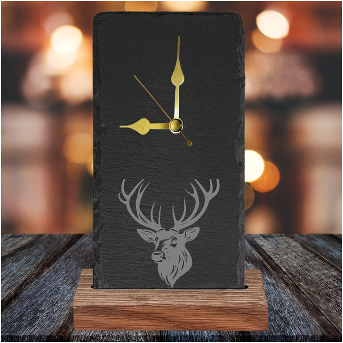 HIGHLAND STAG V2 OAK AND SLATE ENGRAVED CLOCK by Galloway Crafts