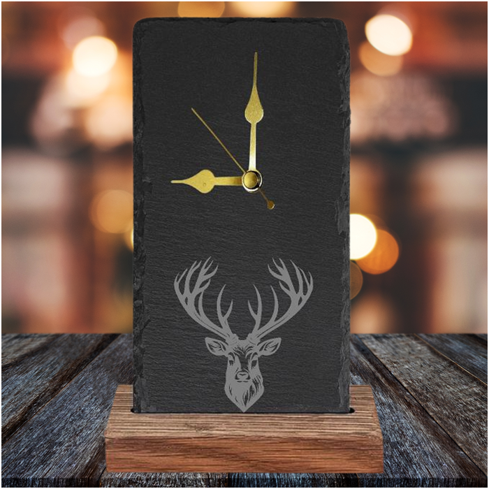 HIGHLAND STAG V3 OAK AND SLATE ENGRAVED CLOCK by Galloway Crafts