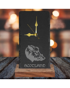 WILD BOAR OAK AND SLATE ENGRAVED CLOCK by Galloway Crafts