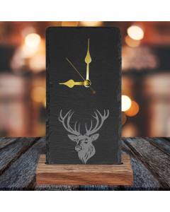 HIGHLAND STAG OAK AND SLATE ENGRAVED CLOCK by Galloway Crafts