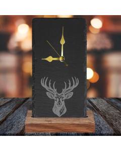 HIGHLAND STAG V4 OAK AND SLATE ENGRAVED CLOCK by Galloway Crafts
