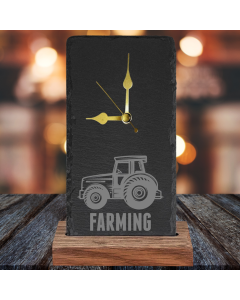 TRACTOR FARMING OAK AND SLATE ENGRAVED CLOCK by Galloway Crafts