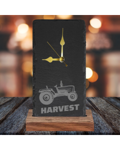 TRACTOR HARVESTING OAK AND SLATE ENGRAVED CLOCK by Galloway Crafts