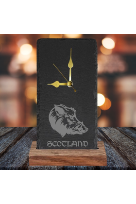 WILD BOAR OAK AND SLATE ENGRAVED CLOCK by Galloway Crafts